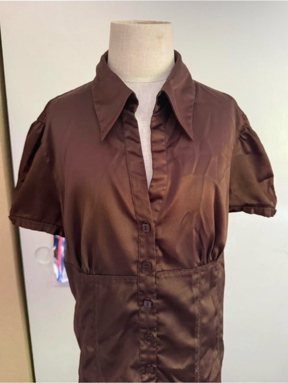 Promod Chocolate Brown Satin Button-Down Blouse